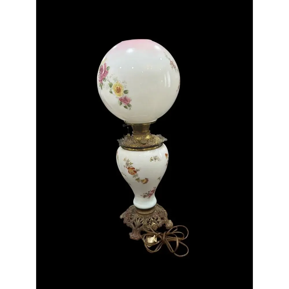 Antique Gone With the Wind Lamp Hand Painted Floral Globe Electrified 25
